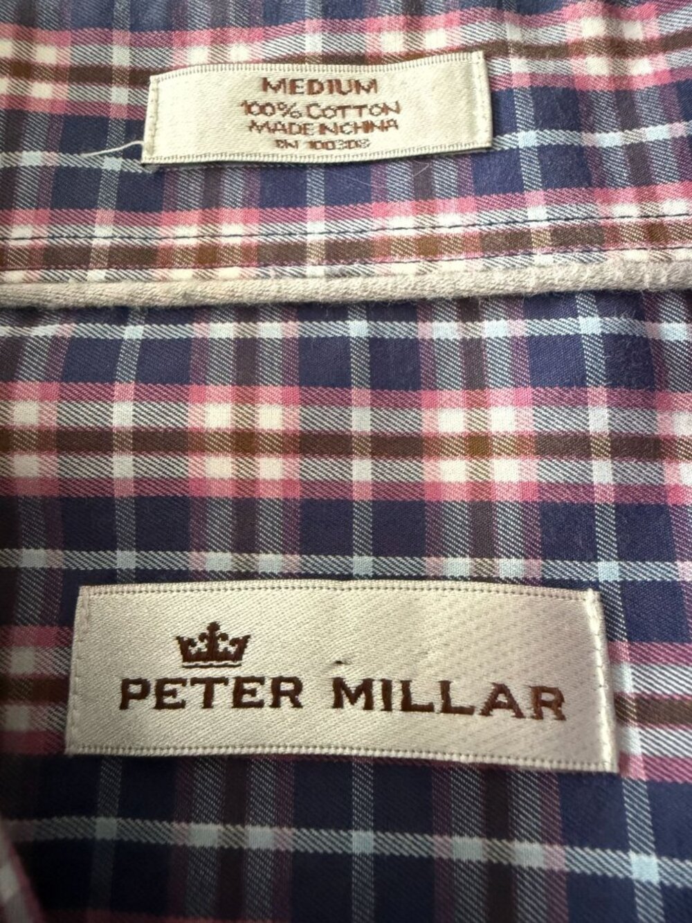 Peter Millar Mens Medium Plaid Button-Up Long-Sleeve Shirt 100% Cotton Blue Pink - Picture 2 of 11